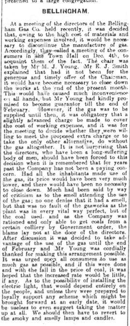 Advert from the Hexham Courant 13.12.1919 indicating cessation of gas production